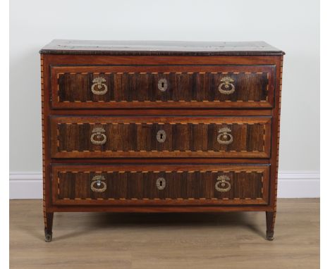 AN 18TH CENTURY CONTINENTAL WALNUT INLAID KINGWOOD THREE DRAWER COMMODE112cm wide; 47cm deep; 94cm high
