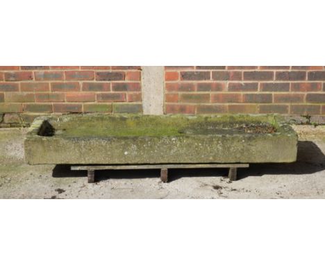 A SHALLOW RECTANGULAR CARVED STONE TROUGH152cm wide; 53cm deep; 17cm high
