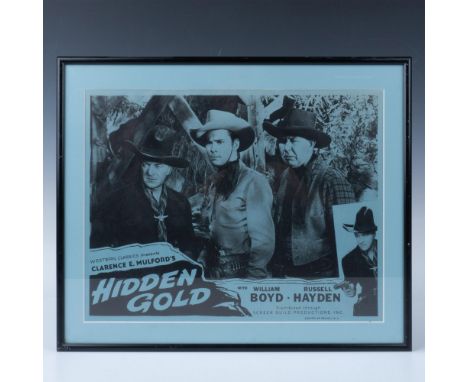 Collectible movie monochrome print of the 1940s western: Hidden Gold on blue paper. Frame dimensions: 16"L x 13.25"H x 1.25"D