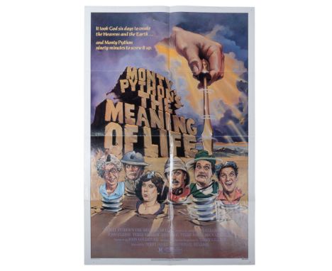 A poster for Monty Python's The Meaning of Life features the hand of God descending with a screwdriver aimed at the head of o