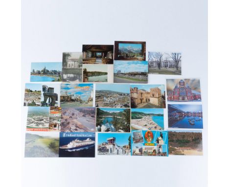 A captivating set of postcards showcases breathtaking landscapes, featuring serene deep forest scenes, charming towns, ancien