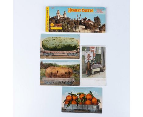 A charming set of postcards includes three showcasing the delivery of large produce, one depicting a fortune teller, and a po