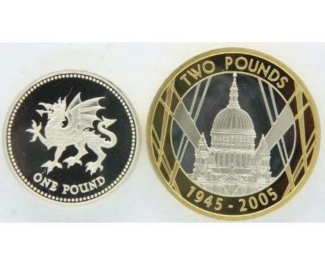 2005 Silver proof £2 coin, The End of WWII, and a silver £1 coin. P&amp;P Group 1 (£14+VAT for the first lot and £1+VAT for s