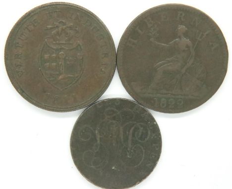 Three early milled copper tokens including Parys Druid token. P&amp;P Group 1 (£14+VAT for the first lot and £1+VAT for subse