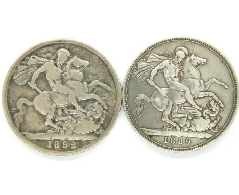 Two silver crowns of Queen Victoria, 1892 and 1899. P&amp;P Group 1 (£14+VAT for the first lot and £1+VAT for subsequent lots