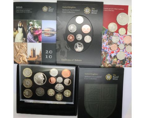 Four UK proof coin sets: 2010, 2011, 2012 and Royal Shield of Arms. P&amp;P Group 1 (£14+VAT for the first lot and £1+VAT for