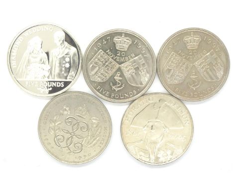 Five UK commemorative £5 coins, each encapsulated. P&amp;P Group 1 (£14+VAT for the first lot and £1+VAT for subsequent lots)