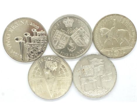 Five UK commemorative £5 coins, each encapsulated. P&amp;P Group 1 (£14+VAT for the first lot and £1+VAT for subsequent lots)