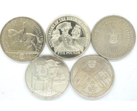 Five UK commemorative £5 coins, each encapsulated. P&amp;P Group 1 (£14+VAT for the first lot and £1+VAT for subsequent lots)