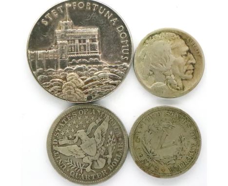 1935 Jubilee medal of George V together with three American silver coins; 1898 Barber quarter dollar, 1906 nickel and a 1913 