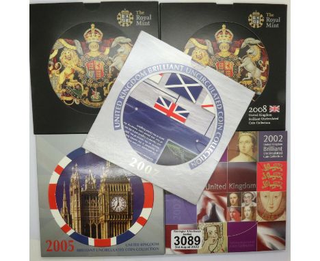 Five UK proof coin sets: 2002, 2005, 2007 and two 2008. P&amp;P Group 1 (£14+VAT for the first lot and £1+VAT for subsequent 