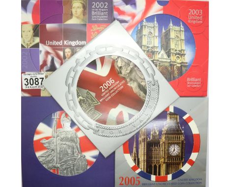 Five UK proof coin sets: 2002, 2003, 2004, 2005 and 2006. P&amp;P Group 1 (£14+VAT for the first lot and £1+VAT for subsequen