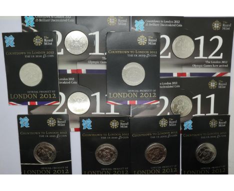 Ten London 2012 countdown £5 coins, 2009-2012. P&amp;P Group 1 (£14+VAT for the first lot and £1+VAT for subsequent lots) 