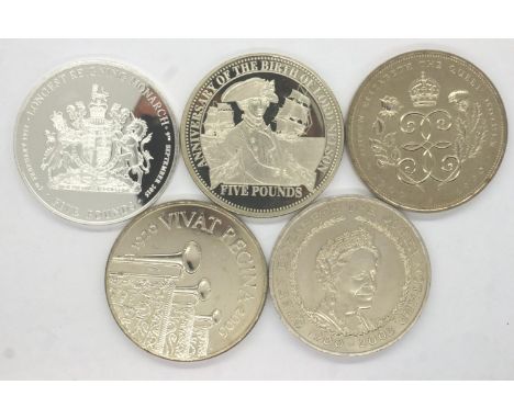 Five UK commemorative £5 coins, each encapsulated. P&amp;P Group 1 (£14+VAT for the first lot and £1+VAT for subsequent lots)