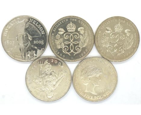 Five UK commemorative £5 coins, each encapsulated. P&amp;P Group 1 (£14+VAT for the first lot and £1+VAT for subsequent lots)