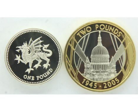 2005 Silver proof £2 coin, The End of WWII, and a silver £1 coin. P&amp;P Group 1 (£14+VAT for the first lot and £1+VAT for s