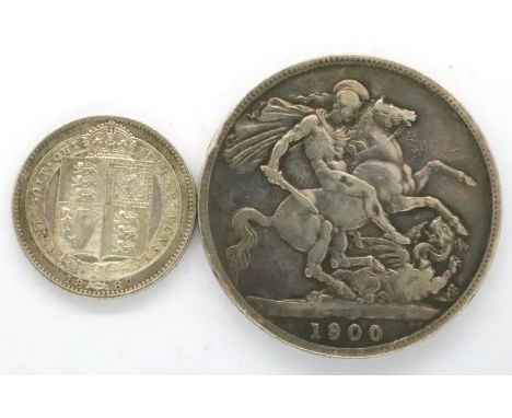 1900 silver crown of Queen Victoria, together with an 1889 Jubilee silver sixpence (2). P&amp;P Group 1 (£14+VAT for the firs