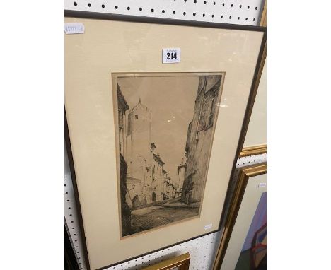 An etching 'street scene', 1865-1948, Frank Lewis Emanuel, signed in Pencil
