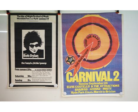 Memorabilia - 2 music festival posters to include Isle Of Wight with Bob Dylan (iconic black and white poster), and Anti Nazi