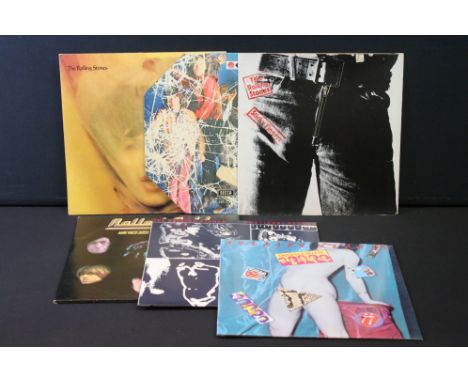 Vinyl - 6 Rolling Stones LPs to include Sticky Fingers (zipper, insert included) Vg+, Through The Past Darkly (mono) damaged 