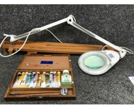 Box containing wooden artist easel artists box with paints plus a contemporary desk lamp