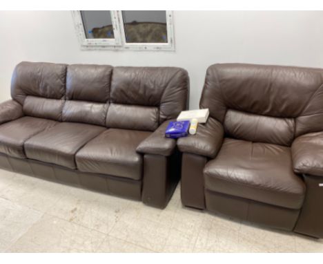 Brown leather 3 seater sofa &amp; matching armchair