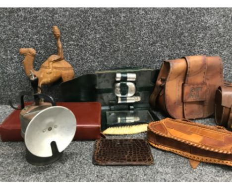 Vintage miners carbide lamp together with wooden camel figure leather bags etc