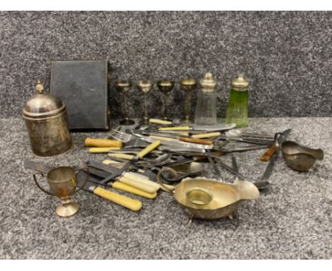 Box of silver plated &amp; stainless steel items including cutlery, tea caddy, glass shakers etc