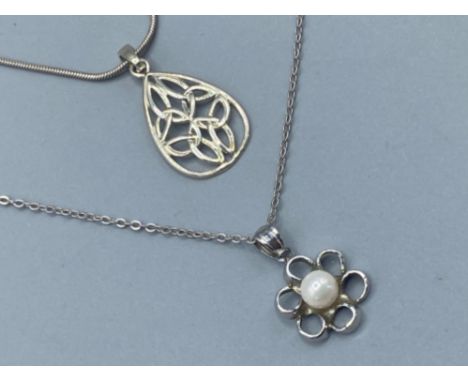 2x silver pendant necklaces - Celtic &amp; flower design with Pearl, 7.4g gross