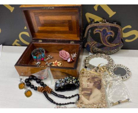 Inlaid mahogany &amp; mother of Pearl jewellery box includes contents (box containing miscellaneous costume jewellery, purse,