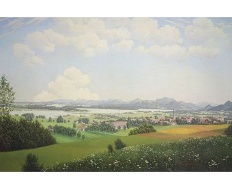 Goebel, Otto, Tätig in München 1. Hälfte 20. JH.: Neusachliche Voralpenlandschaft dat. 1942, MünchenÖl auf Leinwand, rechts u
