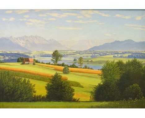 Göbel, Otto, Tätig in München 1. H. 20. JH.: Panoramablick Bayrische Voralpenlandschaft mit See, Dat. 1944Öl auf Leinwand, re