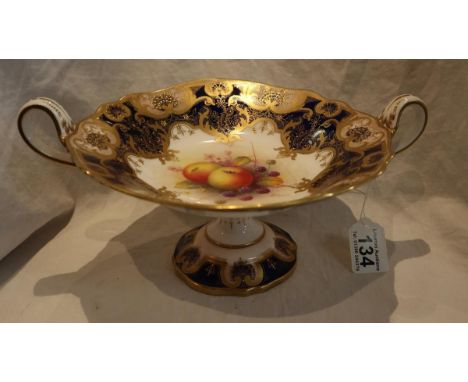 Royal Worcester pedestal fruit bowl signed A ShuckHeight to top of handle 14cmDiameter of dish 24cmOverall width handle to ha
