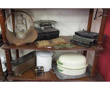 2 shelves of metalware to include enamel flower bin, typewriter etc