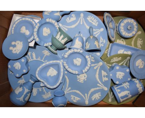 Wedgwood Jasperware in varying colours such as teal, light blue and green to include plates, vases, trinkets and others (Qty)