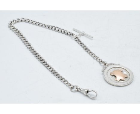 Hallmarked silver Albert chain with T-bar and fob, 41.2 grams, 40cm long.  