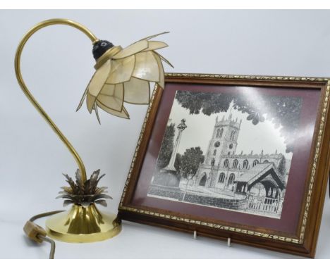 A framed and glazed picture of Eccleshall Parish Church together with a modern ornate lamp base (2), collection only.  