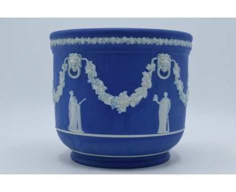 Wedgwood dark blue Jasperware jardiniere / planter, 18.5cm diameter.  In good condition with no obvious damage or restoration
