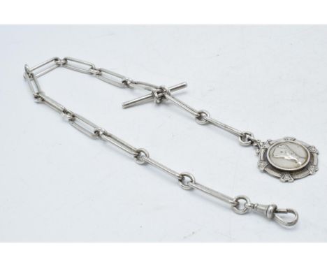 Unusual hallmarked silver Albert chain with T-bar and fob, 52.4 grams, 43cm long.  