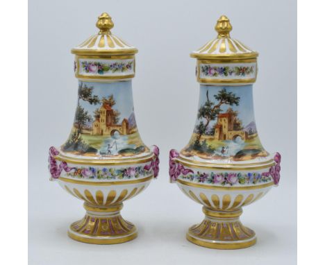 A pair of 20th century continental lidded vases, in the style of Meissen / Porcelain de Paris, of rural scenes, 27cm tall (2)