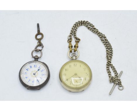 Silver 0.935 silver ladies pocket watch with enamel face with gilded decoration together with a 1950s pocket watch with metal
