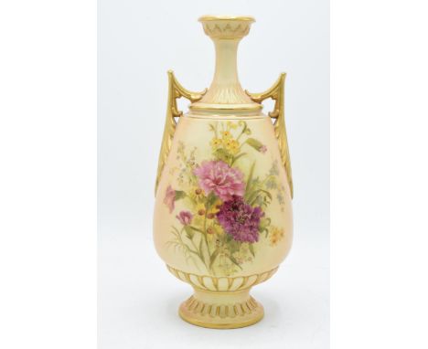 Royal Worcester double handled blush ivory vase, shape number 2425, decorated in a floral pattern, 30cm tall.  In good condit