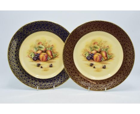 A pair of Aynsley Orchard Gold fruit scene plates with gold floral decoration on blue and maroon backgrounds, 26.5cm diameter