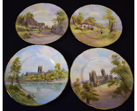 Royal Worcester signed cabinet plates with shaped edges to include Worcester Cathedral, Canterbury Cathedral, Offenham and Li