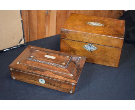 19th century writing slope complete with 2 glass containers with metal lids with Mother of Pearl inlay and secret drawer toge