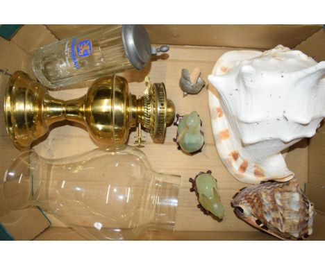 Interesting items to include large sea shells, a pair of Chinese Jade-style rabbits on bases (af), an oil lamp and others (co
