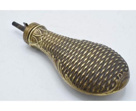 19th century brass powder flask with basket weave style decoration, 22cm long.  