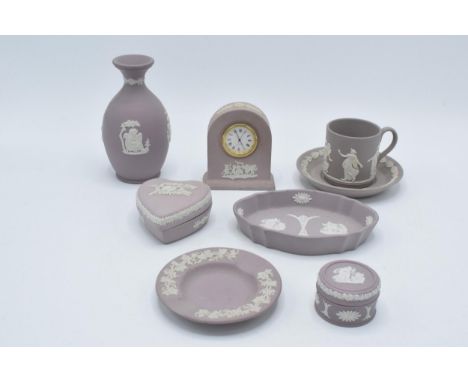 Wedgwood Jasperware in lilac to include a cup and saucer, a vase, trinket dishes and others (8).  In good condition with no o