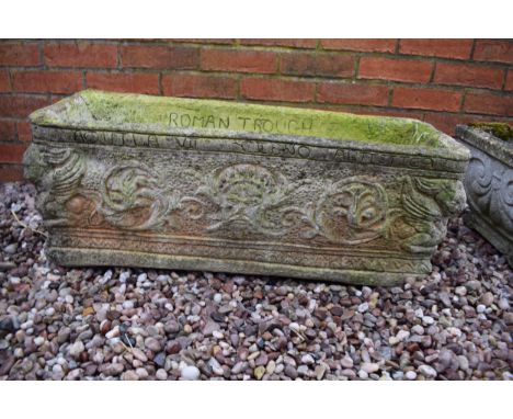 Reconstituted stone garden trough / planter with a Roman design, 76x26x29cm tall.  