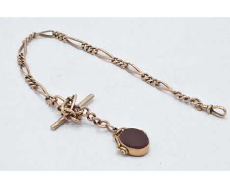 9ct rose gold Albert watch chain with links and agate and bloodstone swivel fob, 39.0 grams, 35cm long.  